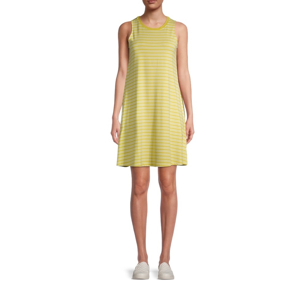 Time and Tru sleeveless knit dress with pockets - Neon citrus stripes.